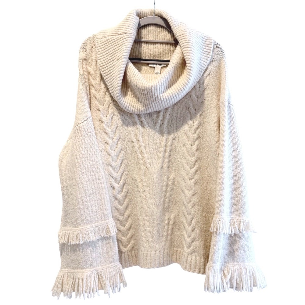 Vintage America Cream Cable Knit Cowl Neck Fringe Bell Sleeve Sweater Women's L